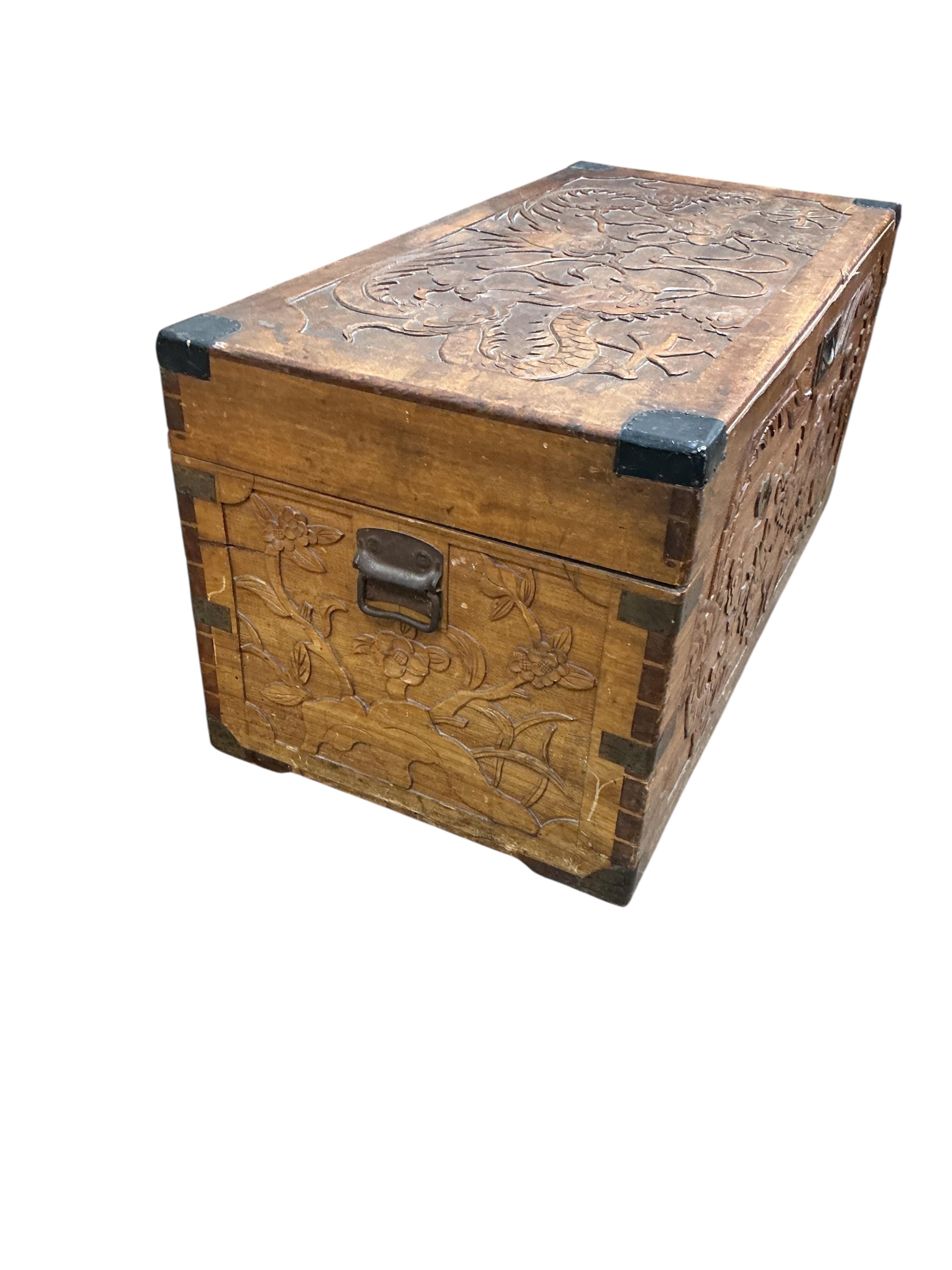 A Chinese carved hardwood ‘dragon’ trunk, width 98cm, depth 48cm, height 46cm